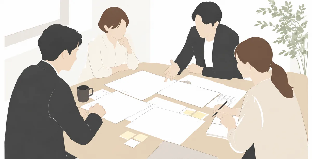 4人が机を囲み、並べた資料を見ながら話し合っている場面のイラスト