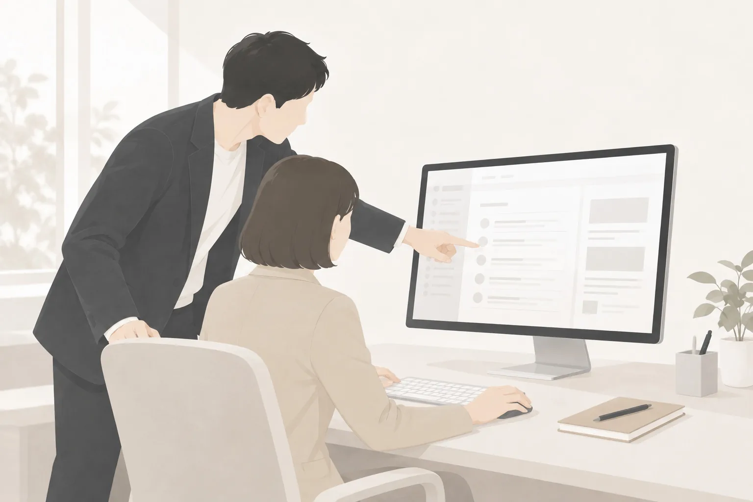 モニターの画面を指さしながら、席に座った人に操作を説明している